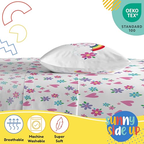 Image of Sunny Side Up Rainbow Unicorns Twin Sheet Set - 3 Piece Kids Bedding Set Includes Pillow Cover - Super Soft Floral Hearts Microfiber Sheets