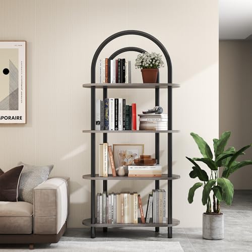 YOSHOOT Bibliothèque arquée à 4 niveaux, avec cadre en métal et étagères en bois, 165,5 cm de haut, étagères de rangement pour salon, étude, bureau,...