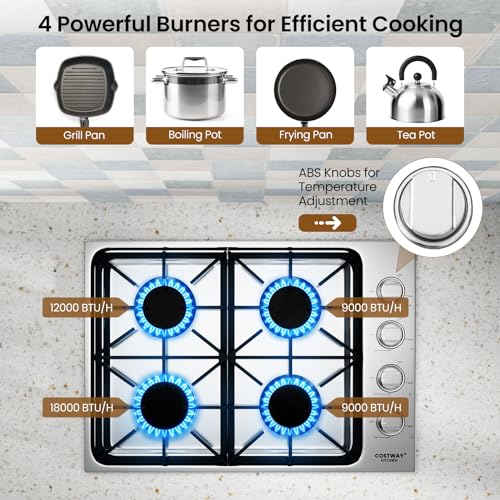 COSTWAY 30-inch Stainless Steel Gas Cooktop, 4 Burner Gas Stove Top with ABS Knobs and Cast Iron Grates, NG/LP G Convertible Range Top with Sealed Burners, Easy to Clean, Silver