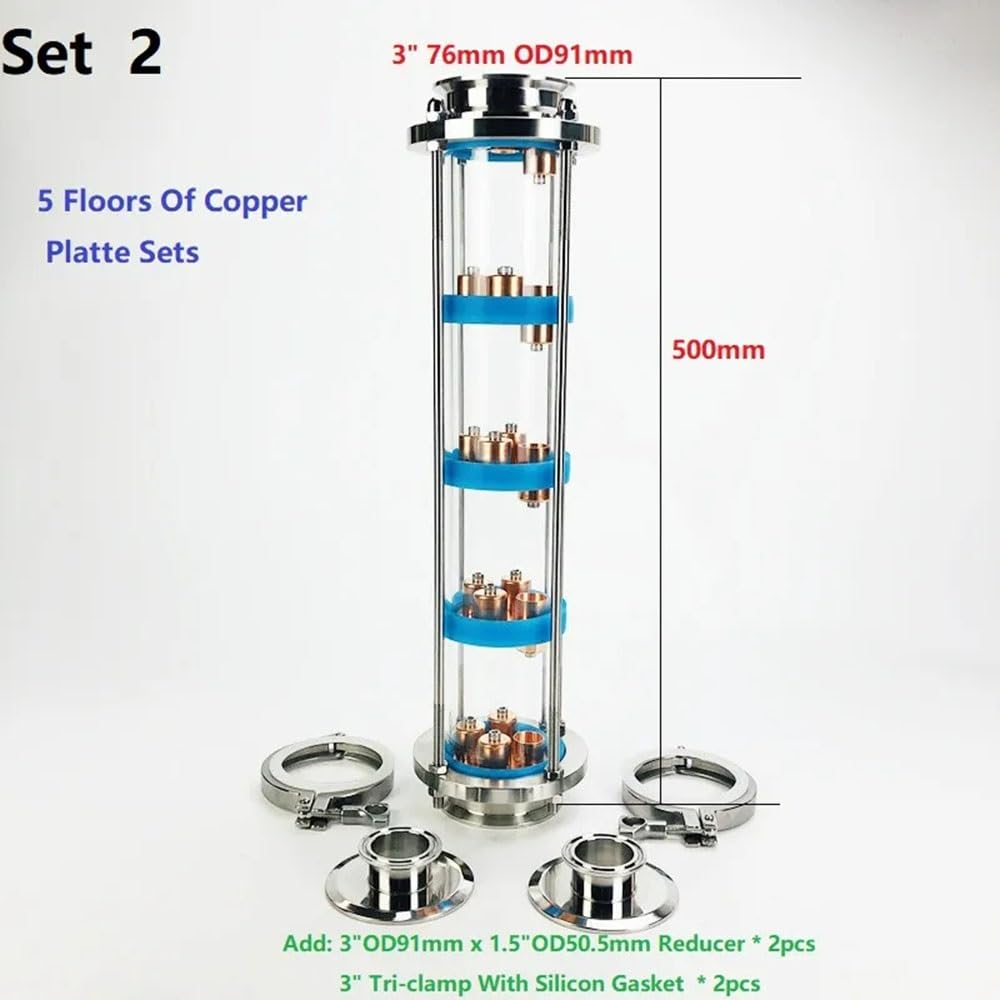 Set di Colonne di Distillazione, Colonna for Lenti di Distillazione A 5 Piani da 3" con Set di Piastre in Rame, Raccordo for Vetro Spia A Tre Morsetti in Acciaio Inossidabile 304 Blu(Set 2)