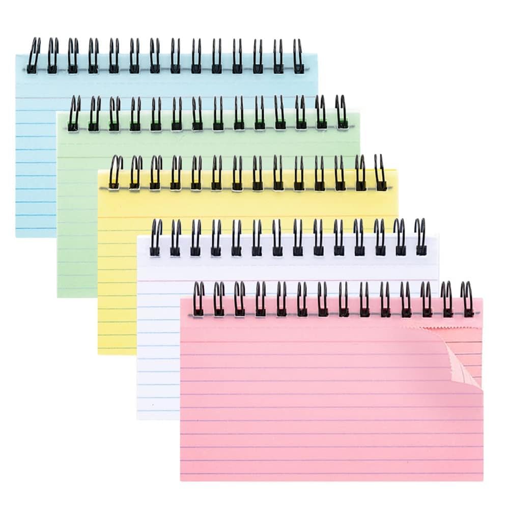 X Spring Colored Lined Index Cards with Spiral, Ruled Notecards, Multicolor for Home, School and Office Learning, Memory (12.5×7.5cm, 5 Colors, 5PCS)