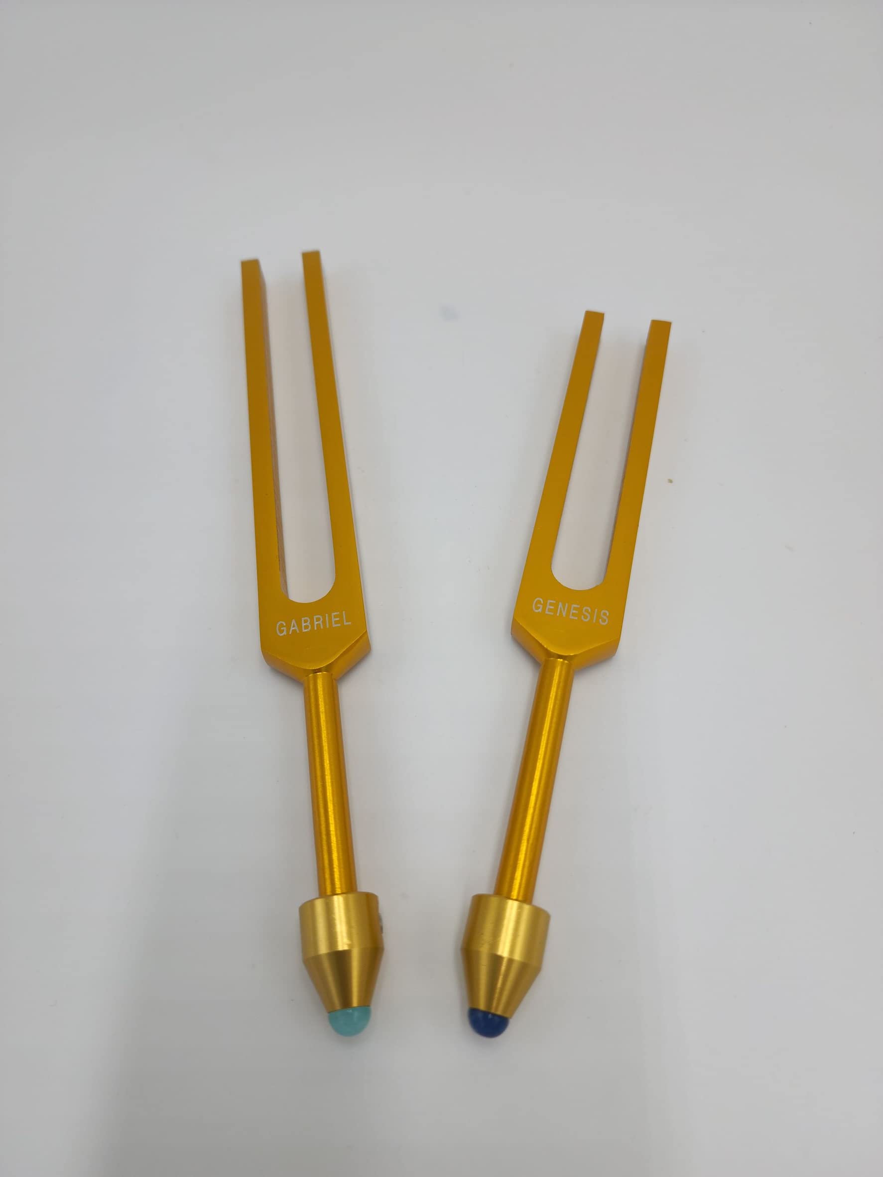 Gabriel and Genesis Gold Color Tuning Fork with Gem Feet for DNA Repair with Mallet and Pouch