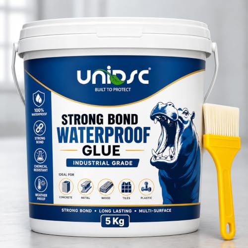 Image of UNIDSC Strong Bond Transparent Waterproof Glue with Brush | Self-Leveling Formula | Dries Crystal Clear with Brush-Mark-Free Glossy Finish | Sealant for Roof, Wall Cracks, Bathroom & Tiles | 5 KG
