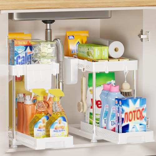 Fkprorjv 2 Pack Under Sink Pull-Out Storage Organizers, Multi-Purpose Under Sink Cabinet Organizers and Storage for Bathroom and Kitchen, White