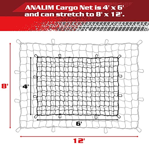 Analim Cargo Net For Pickup Truck Bed, 4' X 6' Stretches To 8' X 12' Heavy Duty Bungee Cargo Net With 12 Pcs Metal Carabiner Clips, Tie-Down Mesh Cord Net For Trailer Luggage #TOP1