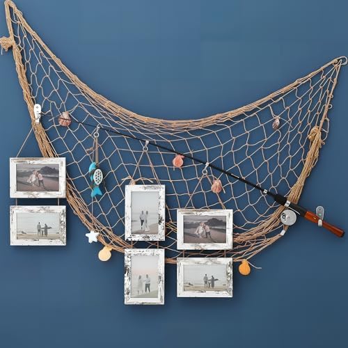 Wood Fishing Pole Picture Frame with Fishing Net Decor, 17”Real Fishings Rod Design with Six 6” x 4” Frames, 78" x 39" Nature Fish Net &Farmhouse Pictures Frame Fish Gifts for Cabin Lake House Decor