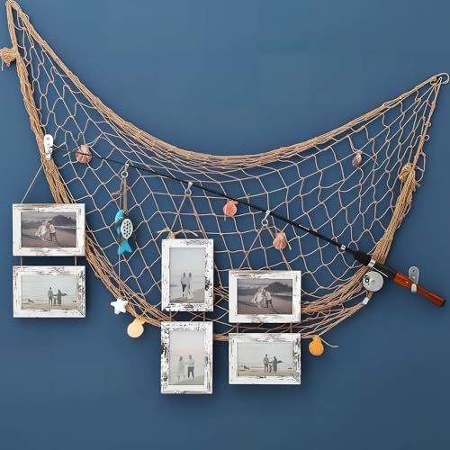 Wood Fishing Pole Picture Frame with Fishing Net Decor, 17”Real Fishings Rod Design with Six 6” x 4” Frames, 78' x 39' Nature Fish Net &Farmhouse Pictures Frame Fish Gifts for Cabin Lake House Decor