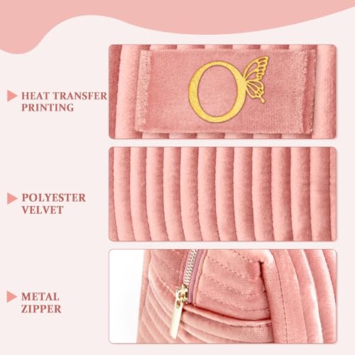 Image of COSHAYSOO Travel Makeup Bag Quilted Make Up Pouch Initial Velvet Cosmetic Case with Butterfly Decor for Young Women 18 19 20 21 22 23 24 25 26 27 28 29 30 40 50 Year Old Birthday Gifts Pink Letter O