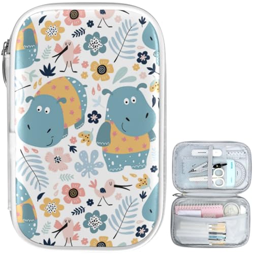 Image of Hippopotamus Floral Marble Pencil Bag Case Zipper Pencil Holder Organizer Stationary Pen Bag Cosmetic Makeup Bag Pouch Purse for School Office Supplies