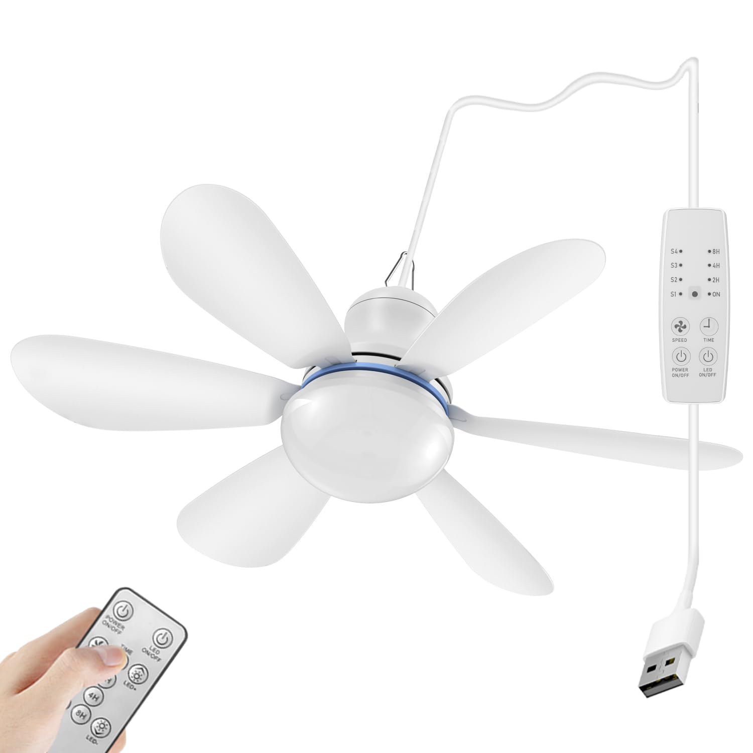 Ventilateur de plafond rechargeable avec télécommande 4 vitesses USB pour camping, lit, tente de camping, auvents, cabine
