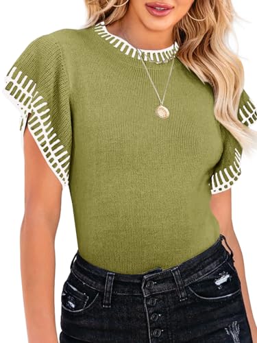 Image of Saodimallsu Womens Short Sleeve Sweater Summer Striped Top Soft Knit Shirts | Ruffle Sleeve,Loose,Crew Neck,Lightweight,Casual,Work,Spring,Womens Tops,Pullover,Fall