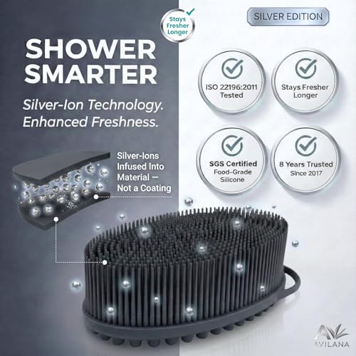 Image of Avilana Silver Edition Body Scrubber - Silver-Ion Infused Silicone Shower Brush, ISO Tested Dual Sided, Stays Fresher Longer, SGS Certified Gentle Exfoliating Loofah Alternative Sensitive Skin Women