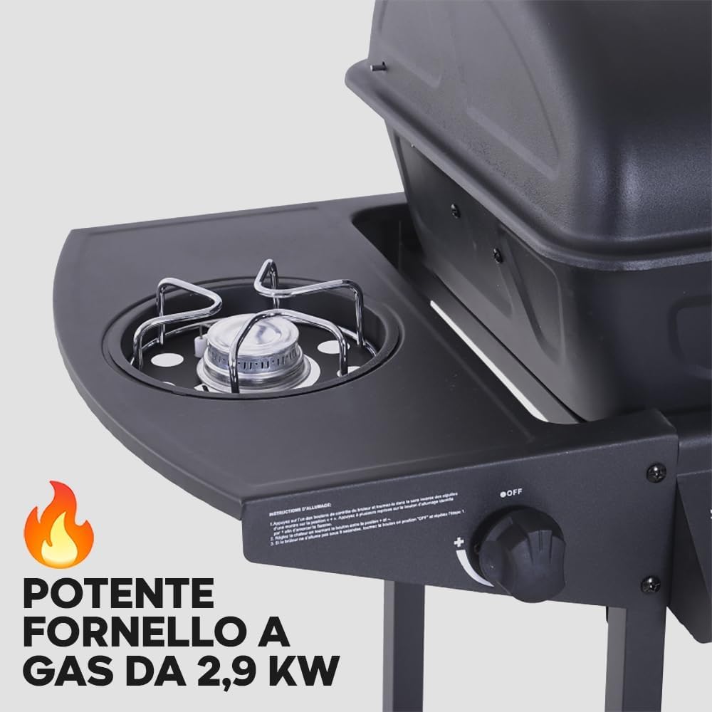 BAKAJI Barbecue a Gas e Pietra Lavica 2 Fuochi Bruciatori Griglia Acciaio inox con Piano d'appoggio e Fornello Laterali 2 Ruote e Coperchio Grill BBq per Esterno Giardino Terrazzo