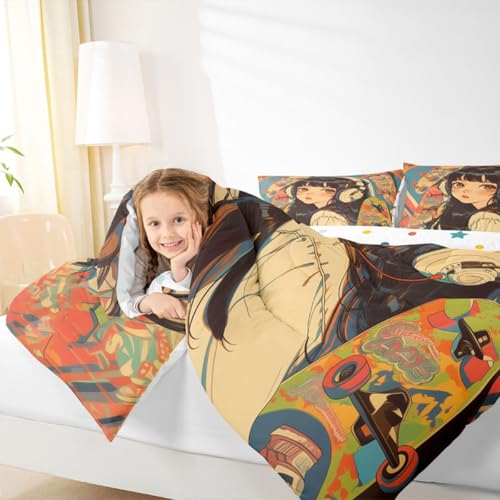 Image of Erosebridal Kids Comforter Sets Queen Size, Cool Girl with Hippie Headphone Bedding Comforter Sets, Fashion Girly Comforter Duvet Set 3D Anime Cartoon Style Teens Bedding Sets for Girls Women