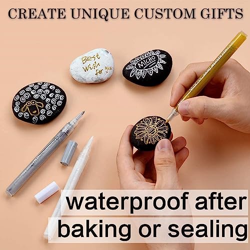 Image of kreni Water-Based Black White Gold Silver Fine, Medium Point Acrylic Paint Marker Pens Permanent for Rocks Painting DIY Craft Making Supplies(Set of 4)