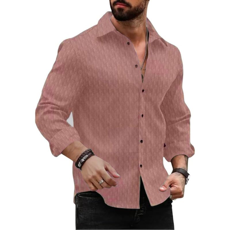 Image of DEELMO Men's Regular Fit Button Down Dress Shirts Textured Long Sleeve Casual Hawaiian Shirt
