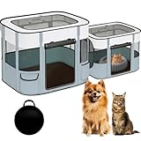 Portable Cat Playpen with Separate Areas, 2-in-1 Puppy Playpen & Cats Cage, Foldable Pet Tent for Indoor and Outdoor Use, Collapsible Tent Kennel Cage House(35.4'x27.6'x27.6', White & Grey)