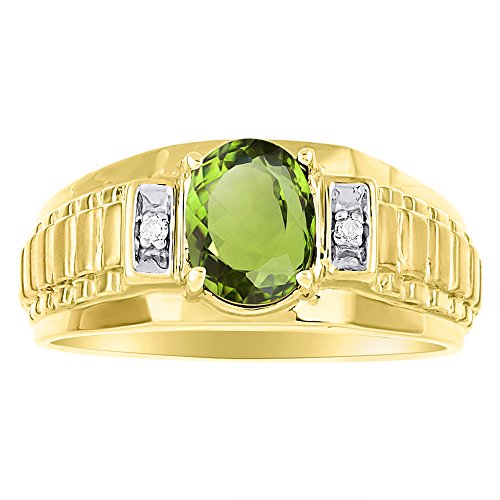 Rylos Mens Rings 14K Yellow Gold - Diamond & Peridot Ring Role X Design 8X6MM Color Stone Gemstone Rings For Men Mens Jewelry Gold Rings