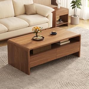 LUXOAK 100 cm Couchtisch mit 2 Schubladen & Ablage, Sofatisch Nussbaum