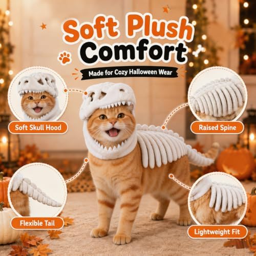 2026 New Cat Pet Halloween Dinosaur Costume, Glow-in-the-Dark Dinosaur Skeleton Cat Costume (Fluorescent - White,Large) — view 3