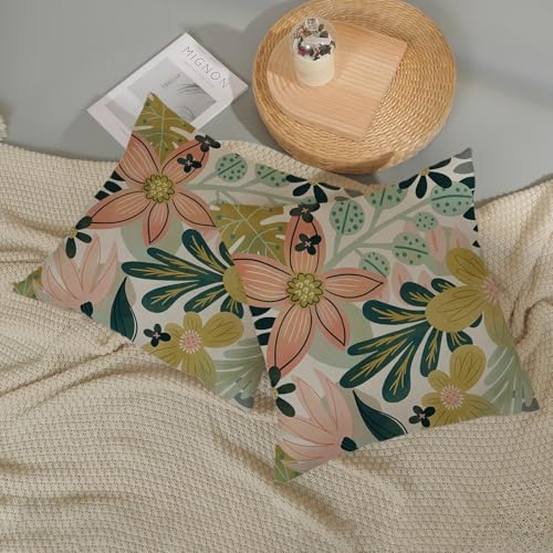 Boho Floral Pillow Covers 18x18 Inch 2 Pcs Vintage Mid Century Tropical Flower Outdoor Decor Throw Pillows Abstract Modern Farmhouse Decoration Pillowcase Linen Cushion Cover for Couch Sofa Bed — view 5