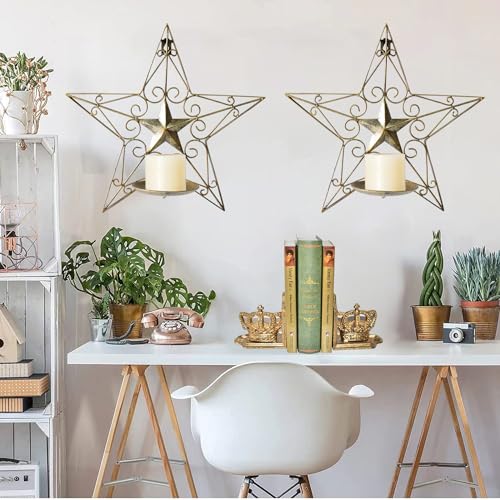 Juconsin CANDLE WALL SCONCES SET OF 2 Candle Sconces Metal Wall Sconce Candle Holder Set Of 2, Antique Gold Color Five Star Design Wall Mount Candleholder Wall Candle Holder Hanging thumb #1