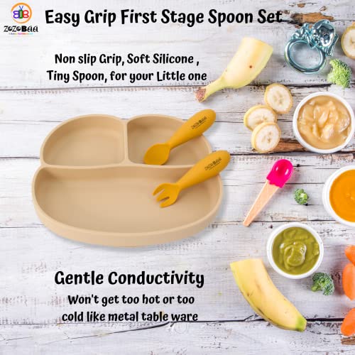 Image of Baby Weaning Spoon & Fork Set, Chewable Silicone Utensils for Training Infants, Baby Led Self Feeding, 6 M+| Gum Friendly, BPA Free, Dishwasher Safe, Unbreakable, 1 Pair, Mango Yellow