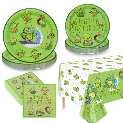 PTECDROTS Le decorazioni per feste a forma di tartaruga includono piatti, tovaglioli e tovaglie a tema tartaruga per bambini, baby shower, ragazzi e ragazze, per 20 persone.