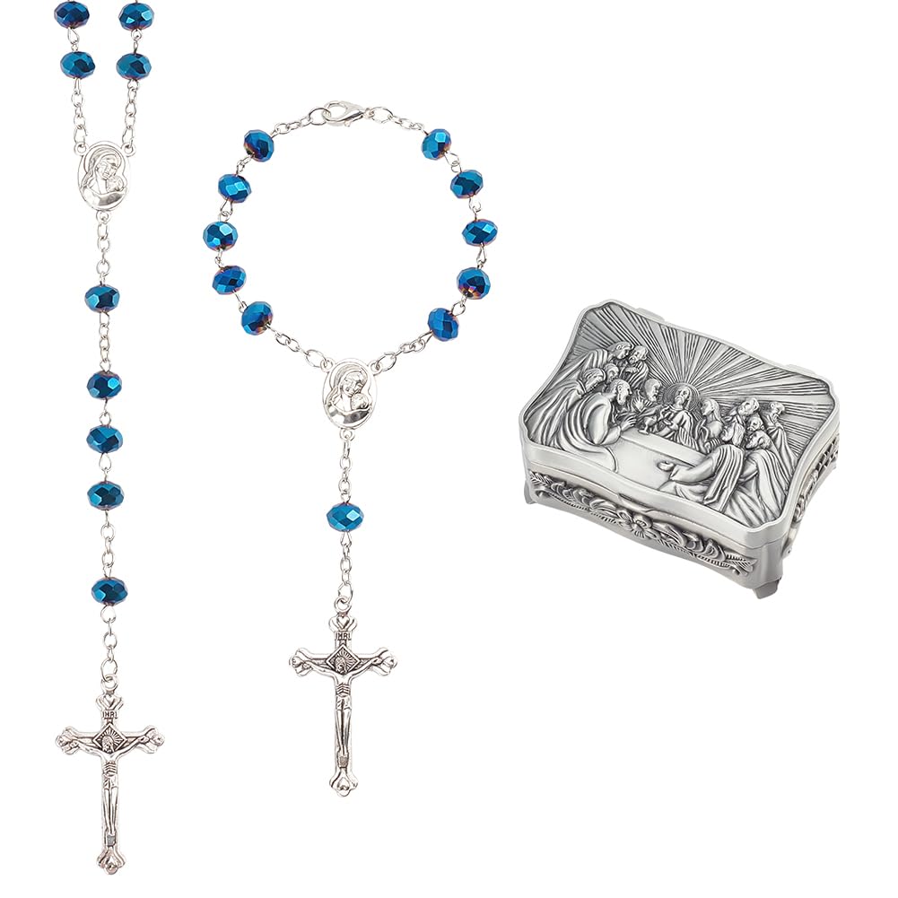 WEBEEDY 2er Set Rosenkranz Mit Kreuz-Anhänger & Schmuckschatulle – Katholische Halskette Für Herren & Damen (Schwarz)
