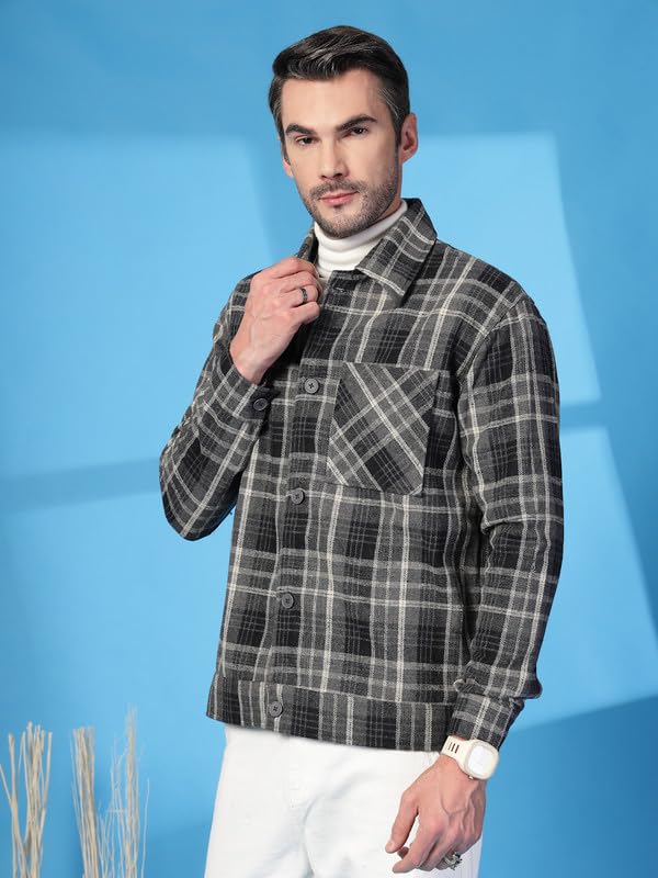 Image of CHKOKKO Men's Tweed Winter Shacket Stylish Flannel Plaid Standard Length Jacket Shirt