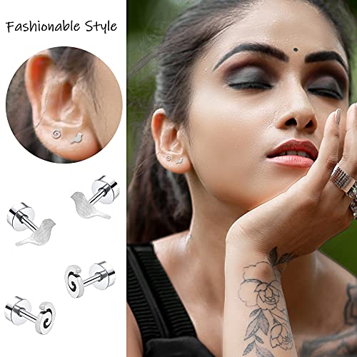 Mjust 18 Pairs Stainless Steel Earring Set For Women Men 20G Cartilage Earrings Star Moon Triangle Circle Bar Heart Screwback Barbell Earrings Geometric Flatback Earrings Set Jewelry (Silver) #TOP2