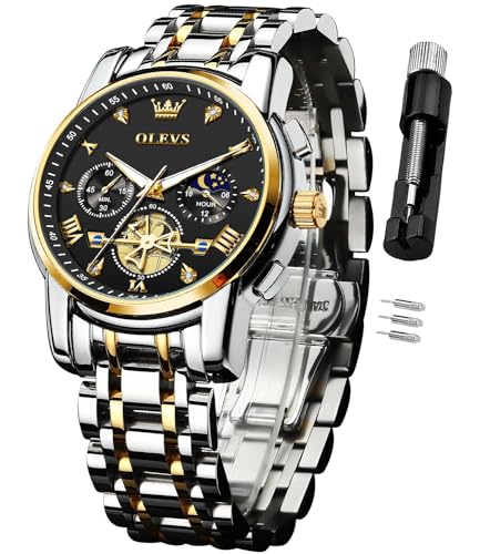 Image of OLEVS Watch for Men Stainless Steel Chronograph Big Face Easy to Read Analog Quartz Watches Luxury Waterproof Date Diamond Roman Arabic Numerals Dial Dress Wrist Watches, 2856:Two Tone&Gold Black,