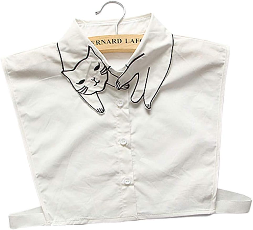 Shunxinersty 偽の襟レトロ英国スタイルの女性の女の子の綿の偽の偽の襟かわいい漫画の猫の刺繍カジュアル取り外し可能なラペルハーフシャツブラウス白 黒 メーカー直売