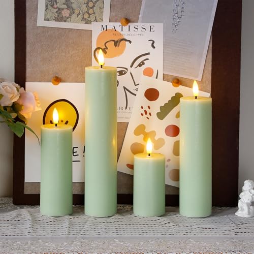 Image of Flickering Flameless Pillar Candles with Remote Control and Cycle Timer,Sage Green Pack of 4 Battery Operated(Powered by 2AA) LED Real Wax Tall Fake 3D-Wick Electric (D 2.2 inch x H 4 inch,6 inch,8 inch,10 inch)