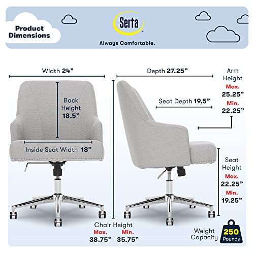 Serta Leighton Home Office Chair With Memory Foam, Height-Adjustable Desk Accent Chair With Chrome-Finished Stainless-Steel Base, Twill Fabric, Light Gray #TOP2
