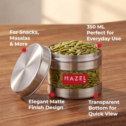 Image of HAZEL Stainless Steel Transparent See Through Container Set of 2, Silver, 350 ML Each