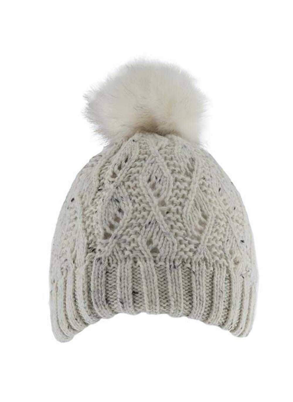 Dents Women's Winter White Lace Knit Bobble Hat With Marl Yarn And Faux Fur Pom Pom - / One