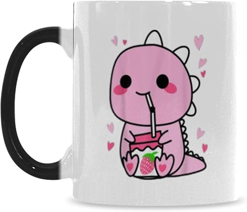 Linda taza de café de cerámica con diseño de dinosaurio de fresa divertida inducción térmica regalos divertidos 11 onzas