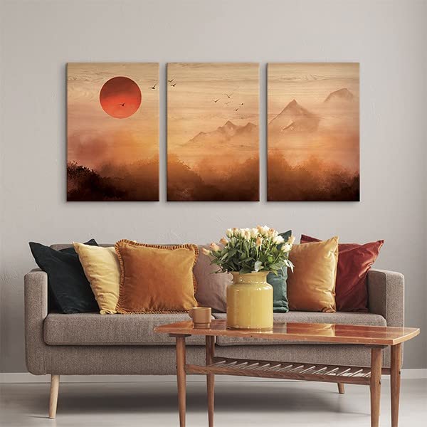 Deco Italia Quadro Trittico Tramonto Giapponese, stampa su composizione pannelli in legno moderno | misura 160 x 67 cm