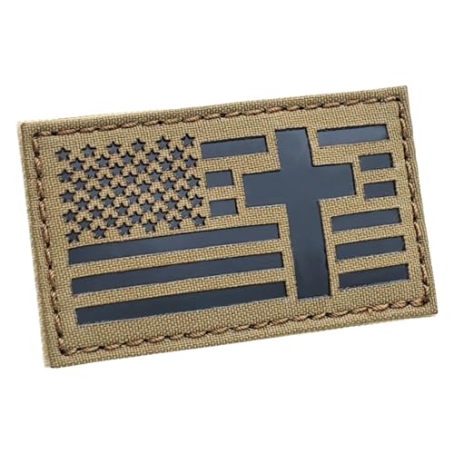 IR Tan 2x3.5 USA Flag Christian Cross Jesus Christ Coyote Brown Crucifix Religion God Infrared Tactical Morale Fastener Patch
