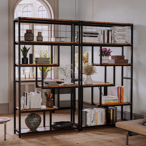 Ironck Bookshelves And Bookcases 6-Shelf Etagere Bookcase, Industrial Open Display Shelves Geometric Bookcase With Sturdy Metal Frame,Vintage Brown #TOP1