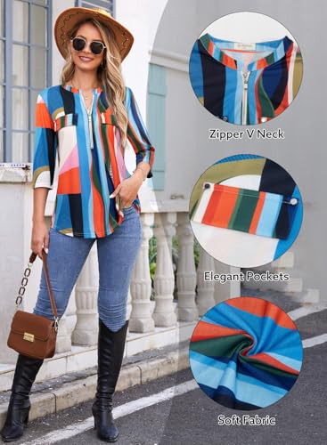 Image of Bulotus Womens 3 /4 Sleeve Tops Plus Size V Neck Zipper Business Casual Blouses for Office & Going Out Soft Knit Tunics, M-3XL