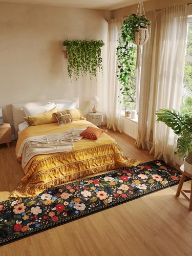 Runners for Hallways Kitchen Rug Non Slip 2'x 10' Long Washable Runner Rugs with Rubber Backing Soft Floral Carpet Runner for Hallways, Kitchen, Laundry, Bedroom, Bathroom(Black)