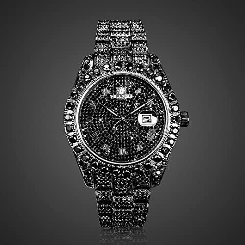 Helloice Iced Out Watch For Men Diamond Watch 43Mm Roman Numerals Round Cut Men's Watch (Black) #TOP5