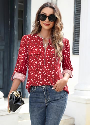 Image of Bulotus 3 /4 Length Sleeve Womens Striped Tops Zipper V Neck Collared Blouses Business Casual Tunics 2026 Spring Trendy