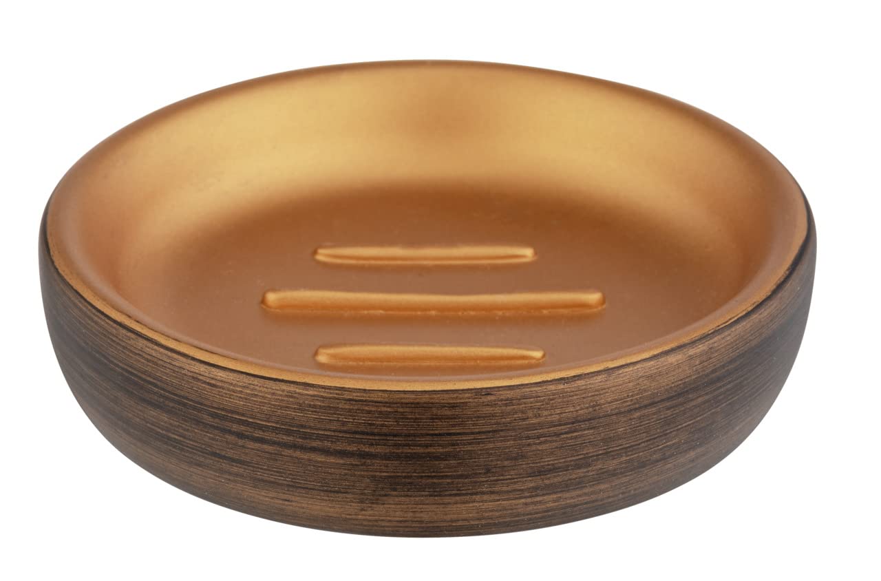 WENKO Palena soap holder, round soap dish for storing solid hand soaps or shampoos made of high-quality polyresin in elegant design, (W/D x H): Ø 10.5 x 2.5 cm, bronze