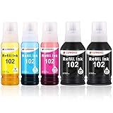 Clywenss 102 Bouteilles d'encre Remplacement pour Epson Ecotank 102 Compatible avec Epson EcoTank ET-2700 ET-2751 ET-2756 ET-3700 ET-15000 ET-2750 Unlimited ET-3750 Unlimited Imprimant (Paquet de 5)