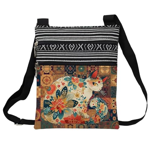 Patchwork Floral Cat Messenger Bag Small Ethnic Pattern Printed Adjustable Strap Crossbody Zipper Bag Patchwork Floral Cat Phone Bag Wallet Cute Shoulder Handbag for Women Friends -1