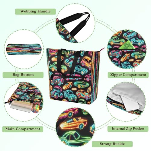 Neon Cars Book Tote Bag,Large Capacity Handbag with Zipper Perfect for School,Travel,Shopping3