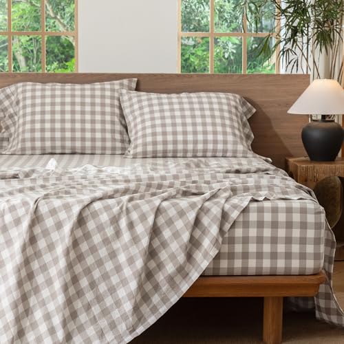 Image of MooMee Gingham Sheet Set 100% Washed Cotton Linen Like Textured Breathable Soft w /Fully Elasticized 16-19 inch Deep Pocket (Buffalo Plaid Tannish Linen Grey, Queen)